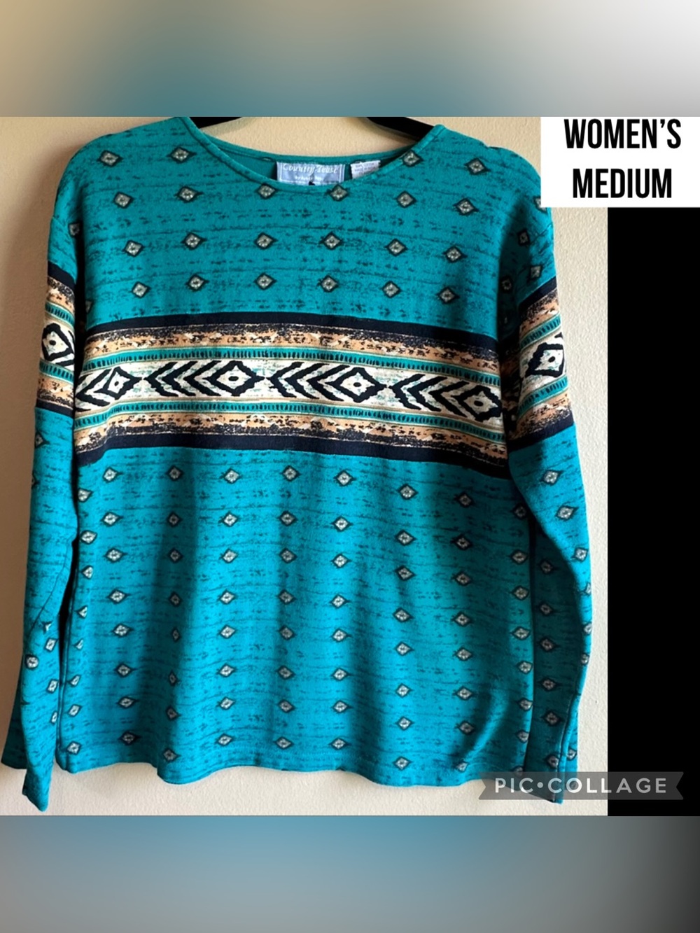 VTG Country Tease Women’s Top 90s Turquoise Southwest Cotton Pullover Size M